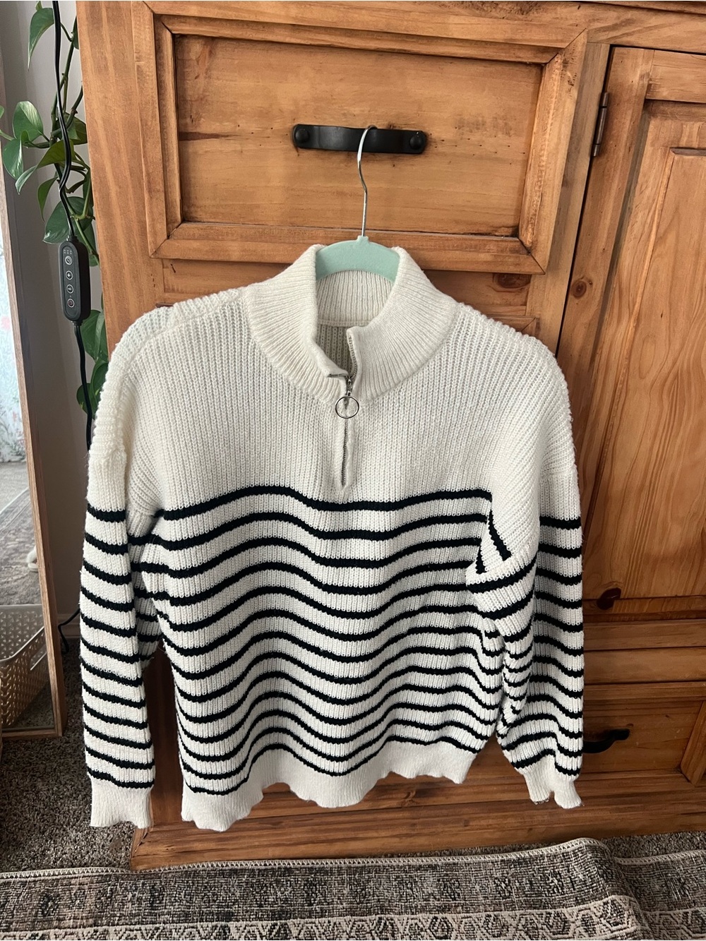 Striped Half-Zip Knit Sweater in Cream and Black